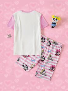 THE POWERPUFF GIRLS X SHEIN Tween Girl Cartoon Print Crew Neck Top And Striped Shorts Fitted Loungewear Set - Pink - View 2