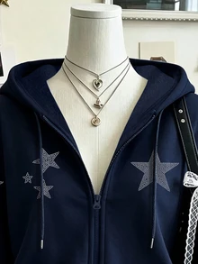 Lalippa 女款外套上衣，秋冬新款，圖案星星印花，學生風，攝影街頭，女款休閒雙拉鍊運動衫 - 藏蓝色 - 查看 5