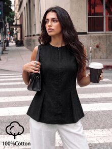 Avantive Tank Top Wanita Kasual Musim Panas Warna Polos dengan Desain Mengencangkan Pinggang - Hitam - View 1