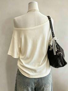 Lalippa Women's Fashion Asymmetric Collar T-Shirt With Union Jack Print - Light Grey - View 2