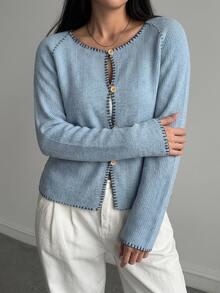 Dazy Plus Contrast Stitching Colorblock Fitted Home Casual Fashion Street Hollow Knit Long Sleeve T-Shirt - Blue - View 1
