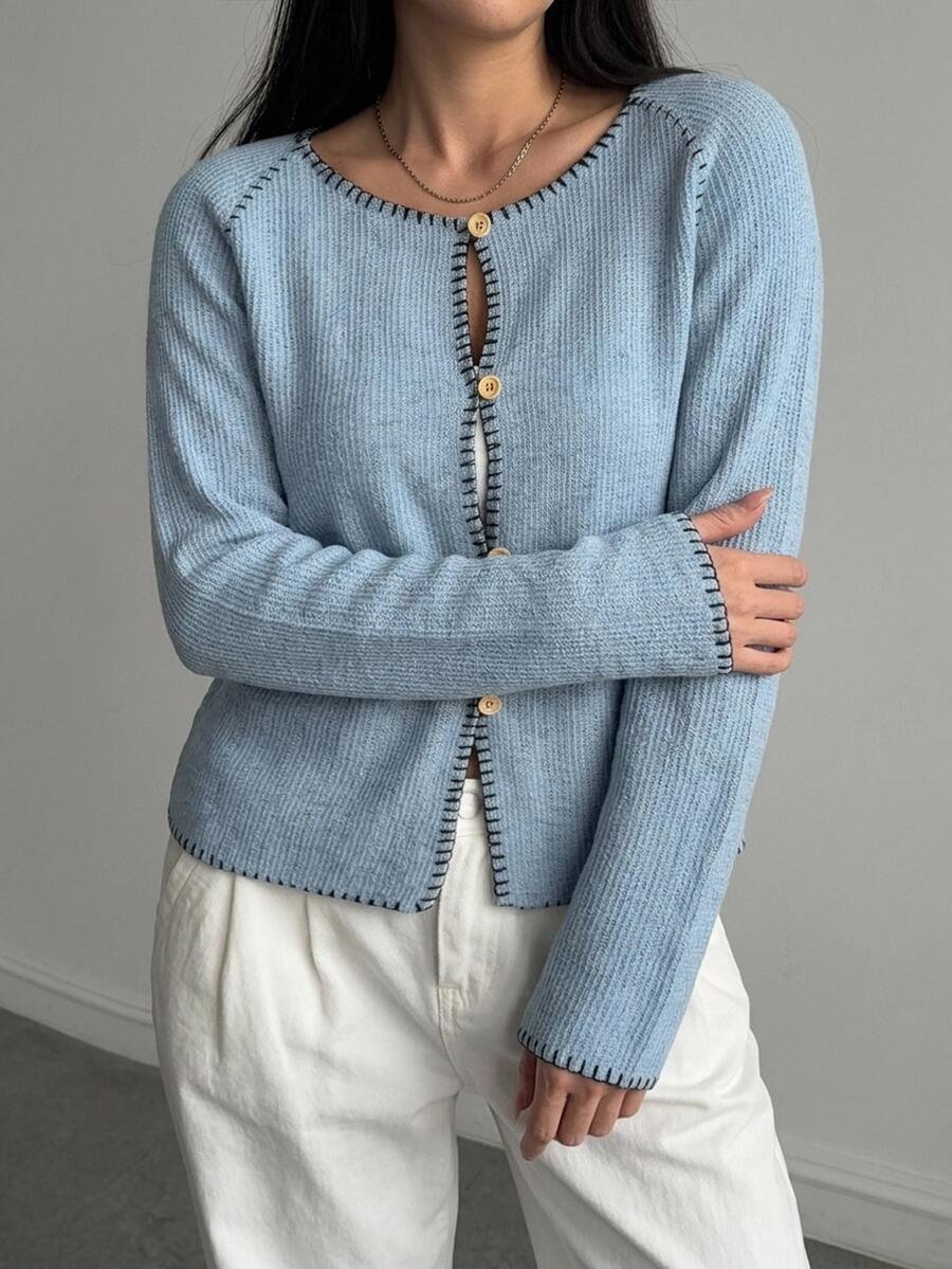 Dazy Plus Contrast Stitching Colorblock Fitted Home Casual Fashion Street Hollow Knit Long Sleeve T-Shirt - Blue - View 1