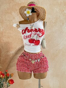Soleia Plus Size Sexy Asymmetrical Shoulder Metal Flower Decor Top And Plaid Ruffle Hem Shorts 2 Pieces Set - Red - View 1