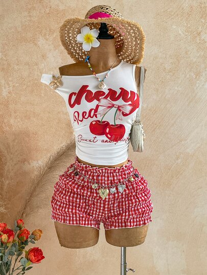 Soleia Plus Size Sexy Asymmetrical Shoulder Metal Flower Decor Top And Plaid Ruffle Hem Shorts 2 Pieces Set
