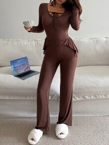 DAZY Autumn Winter Solid Color Slim Fit Tie Neck Women's Loungewear Set - Coffee Brown - View 3