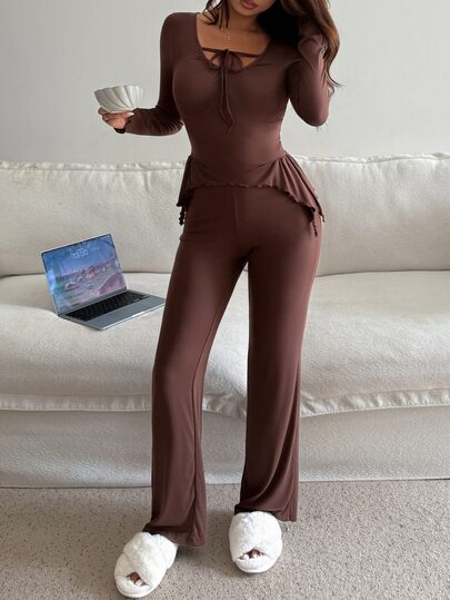 DAZY Autumn Winter Solid Color Slim Fit Tie Neck Women's Loungewear Set