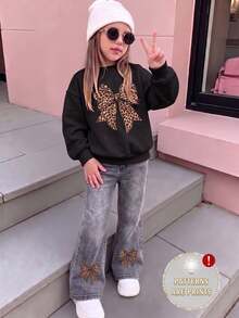 Young Girls Sweatshirt Set, Sweet & Cool Leopard Print Bowknot Outfit, Loose Print Sweatshirt Paired With Flared Pants, & Unique, Versatile 2 Pieces Set For Autumn Outings - Multicolor - View 1