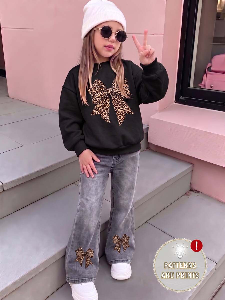 Young Girls Sweatshirt Set, Sweet & Cool Leopard Print Bowknot Outfit, Loose Print Sweatshirt Paired With Flared Pants, & Unique, Versatile 2 Pieces Set For Autumn Outings - Multicolor - View 1