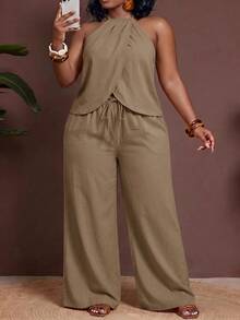 Slaydiva Plus Wrap Cross Backless Halter Top & Wide Leg Pants - Multicolor - View 6