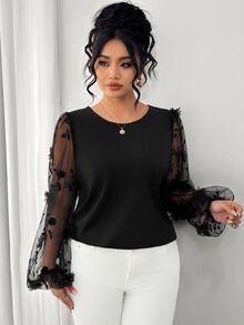 Elenzga Plus Size Women's Autumn/Winter Fashion Elegant Mesh Embroidered Round Neck Long Sleeve Blouse - Black - View 6