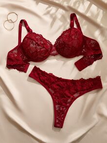 Charlaine Plus Size Elegant Solid Color Lace Lingerie Set - Burgundy - View 5