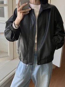 DAZY Jaket Kulit PU Lengan Panjang dengan Kantong Resleting untuk Wanita, Cocok untuk Musim Gugur. - Hitam - View 3