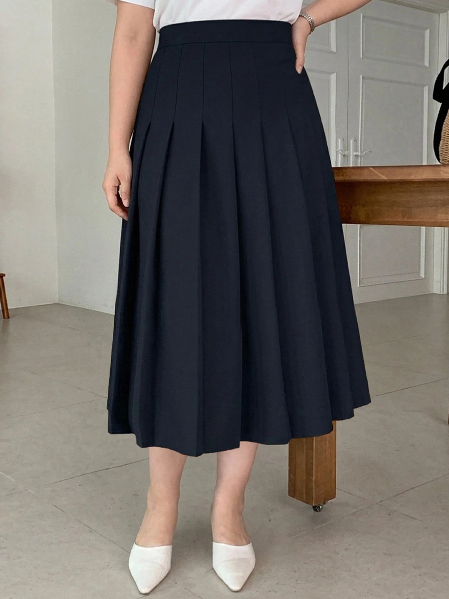 Dazy Plus Pleated Skirt, Versatile Commuter Office Wear, Spring Summer Autumn Mid-Length Skirt - Navy Blue - View 1