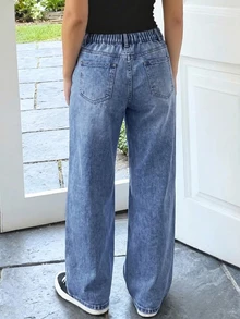 SHEIN 女童街頭風 Y2K 休閒破洞磨損不對稱彈性腰淺色水洗淺藍牛仔長褲 2025 春夏校園度假款 - 中等水洗藍 - 查看 2