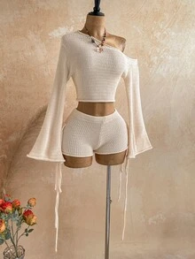 Soleia Women's Plus Size Apricot Asymmetric Shoulder Bell Sleeve Sweater And Knitted Shorts Set Fall - Apricot - View 4