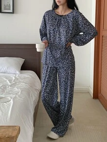 DAZY Women's Minimalist Polka Dot Print Long Sleeve Top And Casual Long Pants Pajama Set - Navy Blue - View 6