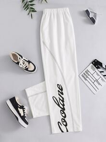 SHEIN 青少年男孩休閒運動字母印花對比色條紋寬鬆梭織長褲 - 白色 - 查看 5