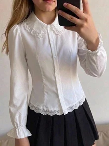 SHEIN 青少年女孩白色襯衫 花瓣袖蕾絲拼接法式甜美風 正式場合內搭外穿日常穿著 - 白色 - 查看 6