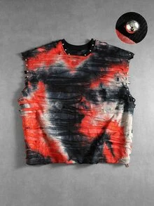 ROMWE MEN Street Life Men's Tie-Dye Rivet Decor Casual Versatile Daily Wear Top - Orange - View 3