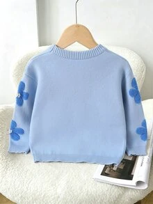 SHEIN Vintaside Kids 韓式幼兒淺藍色圓領毛衣，3D毛巾緹花藍色花朵珍珠裝飾，女童寬鬆柔軟針織上衣，秋冬款 - 藍色 - 查看 2
