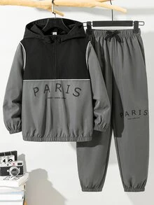 SHEIN 2件組兒童青少年男孩半拉鍊連帽外套與慢跑長褲套裝，灰色，適合秋冬、學校、家庭聚會、返校、運動、秋季穿搭、冬季穿搭、生日派對 - 彩色 - 查看 1