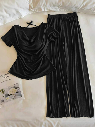 Resyla Women's Summer Casual Solid Color Cowl Neck T-Shirt And Pants 2 Pieces Set