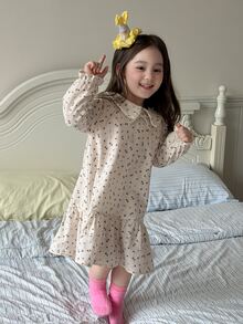 DAZY 嬰兒女童圓領條紋舒適韓風春夏四季居家休閒服 - 米色 - 查看 6