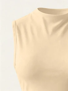 SHEIN 時尚新款春夏約會之夜性感優雅修身顯瘦半高領裝飾金屬扣抓褶無袖女款洋裝 - 杏色 - 查看 3