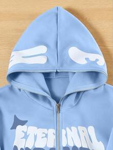 SHEIN Coolqubz 青少年男孩連帽街頭風Y2K字母萬聖節運動衫 - 藍色 - 查看 7