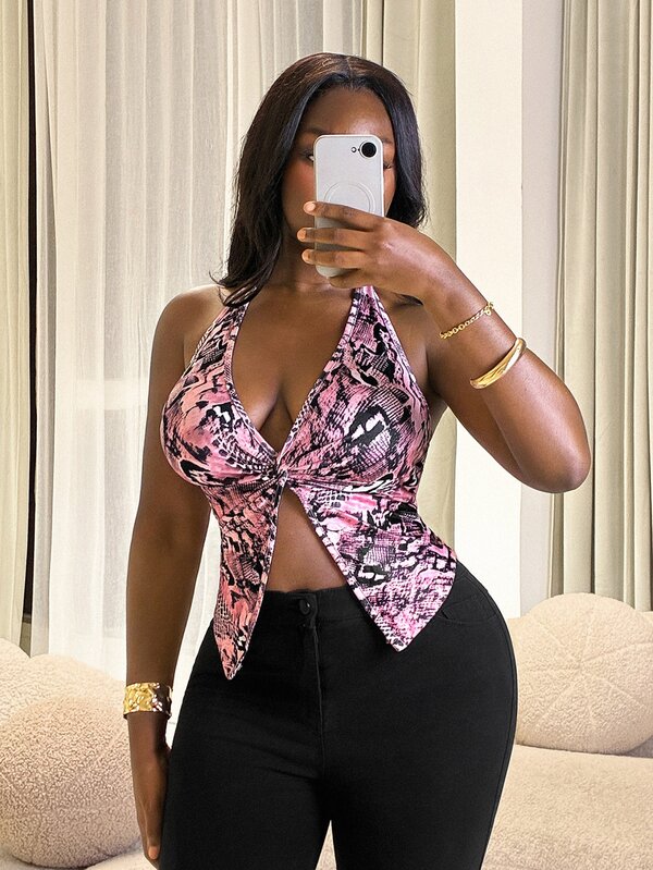 Glyssa Damen Sexy Tanktop, Street Tier Muster Bindung am Ausschnitt Damen Tanktop, Sexy rückenfrei tiefer V-Ausschnitt ärmellos figurbetontes Tanktop, geeignet für Clubpartys oder Nachtausflüge