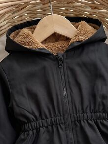SHEIN 女嬰可愛冬季保暖內裡拉鍊連帽外套 - 黑色 - 查看 4