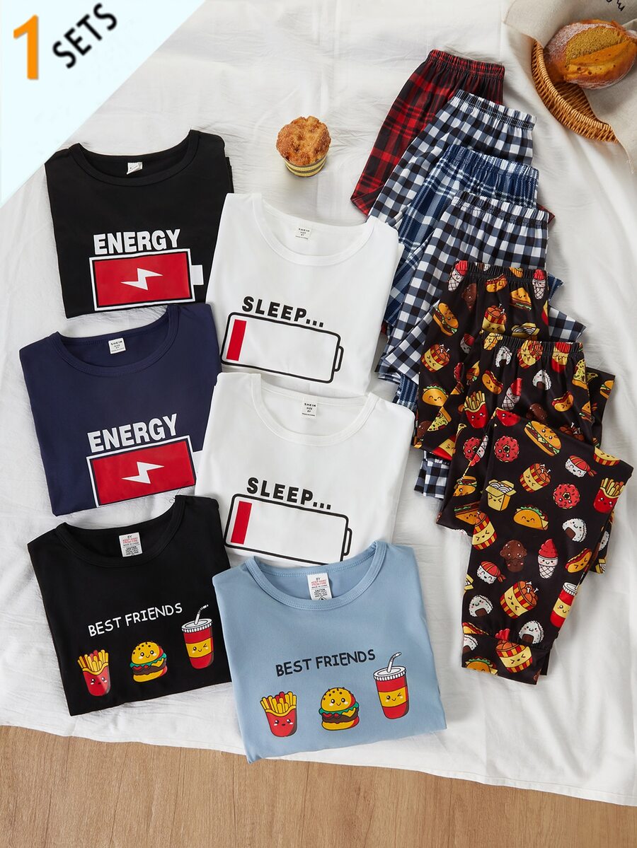 Random 1 Set Boys Casual Battery Plaid Print Plaid Pajama 2-Piece Set Autumn/Winter - Multicolor - View 1