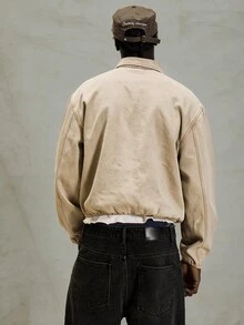 Musero Oversized Zip Through Collared Denim Jacket Clasp Clip Style Fastening Drop Shoulder Hidden Placket Jean Jacket Winter Essentials - Beige - View 2