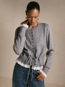 Poéselle Women's Heather Gray Soft Knit Cardigan, Button Front Crew Neck Drawstring Waist Long Sleeve Cozy Sweater, Coquette Fall Layering Top,French Elegant - Grey - View 8