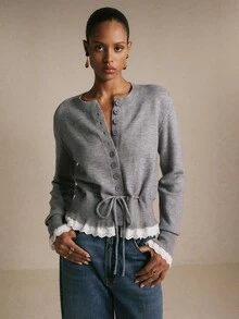 Poéselle Women's Heather Gray Soft Knit Cardigan, Button Front Crew Neck Drawstring Waist Long Sleeve Cozy Sweater, Coquette Fall Layering Top,French Elegant - Grey - View 6