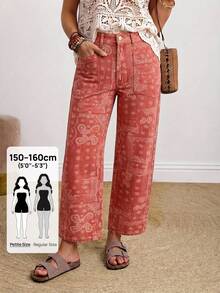 SHEIN PETITE Women's Paisley Flower Print Straight Leg Jeans - Red - View 1