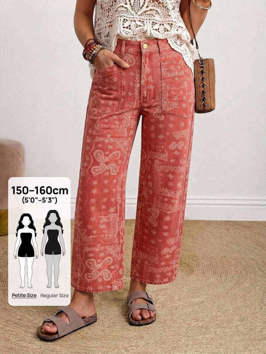 SHEIN PETITE Women's Paisley Flower Print Straight Leg Jeans - Red - View 1