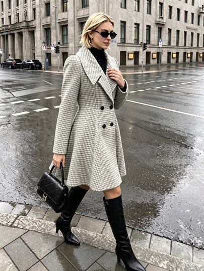Struktiv Classic Houndstooth Double-Breasted Flared Wool Coat