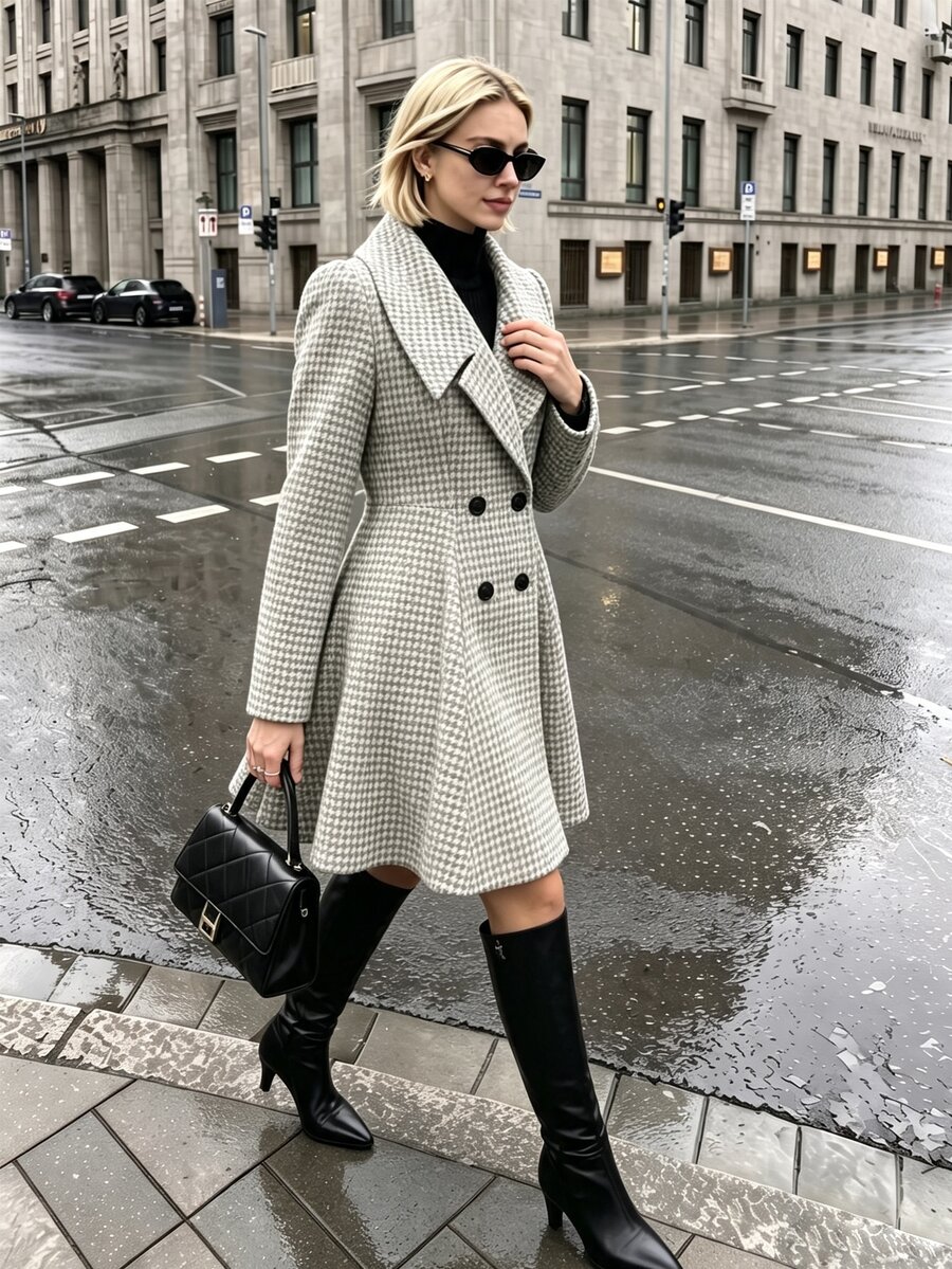 Struktiv Classic Houndstooth Double-Breasted Flared Wool Coat - Light Grey - View 1