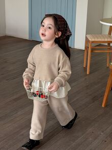 DAZY Infant (Girl) Round Neck Long Sleeve Colorblock Patchwork Korean Style 2 Pieces Sweatshirt Set Fall - Apricot - View 9