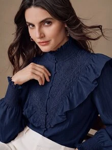 Anewsta Women's New Pink Stand Collar Ruffle Patchwork Lace French Romantic Ruffle Long Sleeve Blouse - Navy Blue - View 3