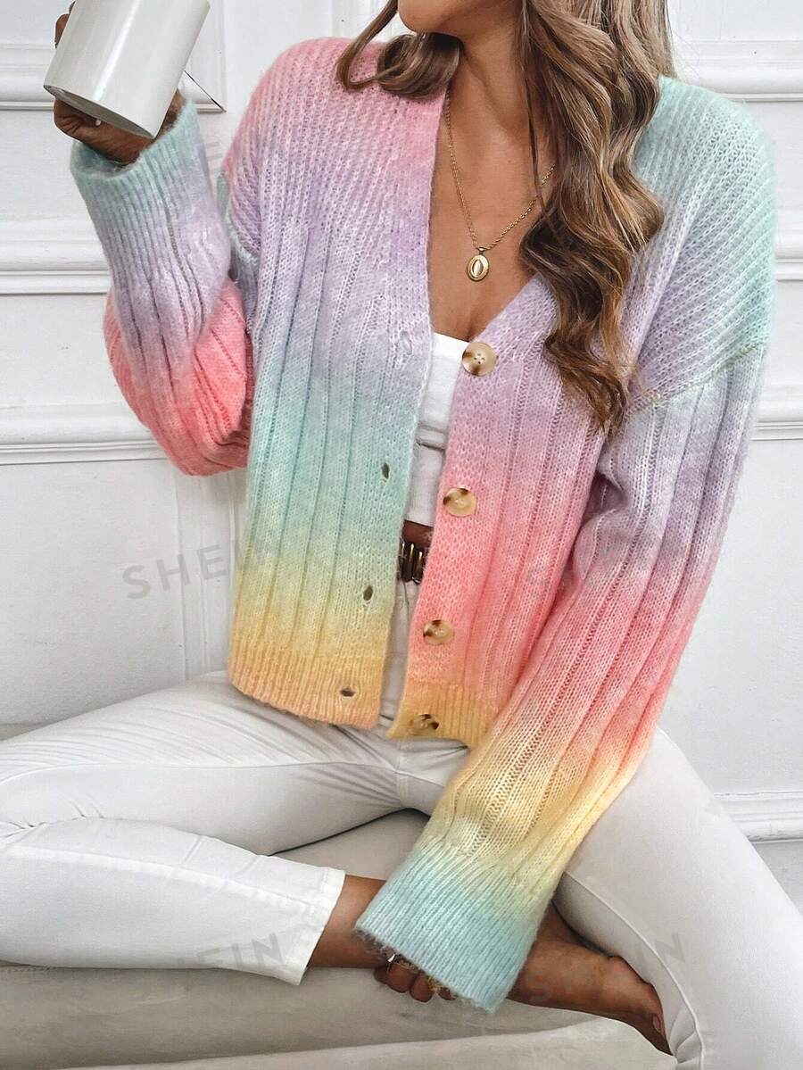 EMERY ROSE Women's Dropped Shoulder Long Sleeve Fluffy Yarn Blend Knit Cardigan - Pink - View 1