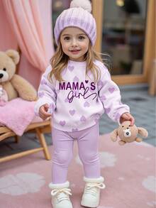 Lila, süßer Herz-Buchstaben Mama'girl❤, Baby Mädchen lässig bequem weich dick warm Rundhals Langarm Sweatshirt & Leggings, geeignet für Herbst/Winter Alltag, gemütliche Saison, stilvolles Baby Mädchen - Verschiedenfarbig - Übersicht 3