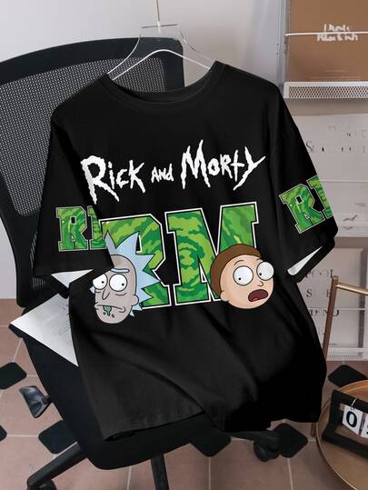 Rick and Morty X SHEIN Men's Letter Cartoon Print Crew Neck Short Sleeve Casual T-Shirt