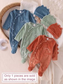 Newborn Dusty Blue Dinosaur Embroidered 3D Triangle Decor Round Neck Asymmetric Front Closure Footed Jumpsuit Hat Home Wear Set Sleep Autumn Baby - Navy Blue - View 8