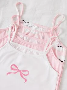 6pcs/Set Girls Pink Bow & Heart All-Over Print Lace Trim Sweet Cute Comfortable Casual Camisole & Bikini Panty Lingerie Set Autumn Winter - Multicolor - View 4