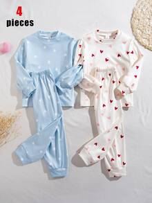 Bộ đồ ngủ bé gái chập chững 4 món ôm vừa vặn cho mùa thu/đông, cổ tròn tay dài và quần dài, họa tiết tim màu ngà và sao xanh nhạt, chất mềm mặc ngủ hàng ngày - Nhiều màu - Xem 1