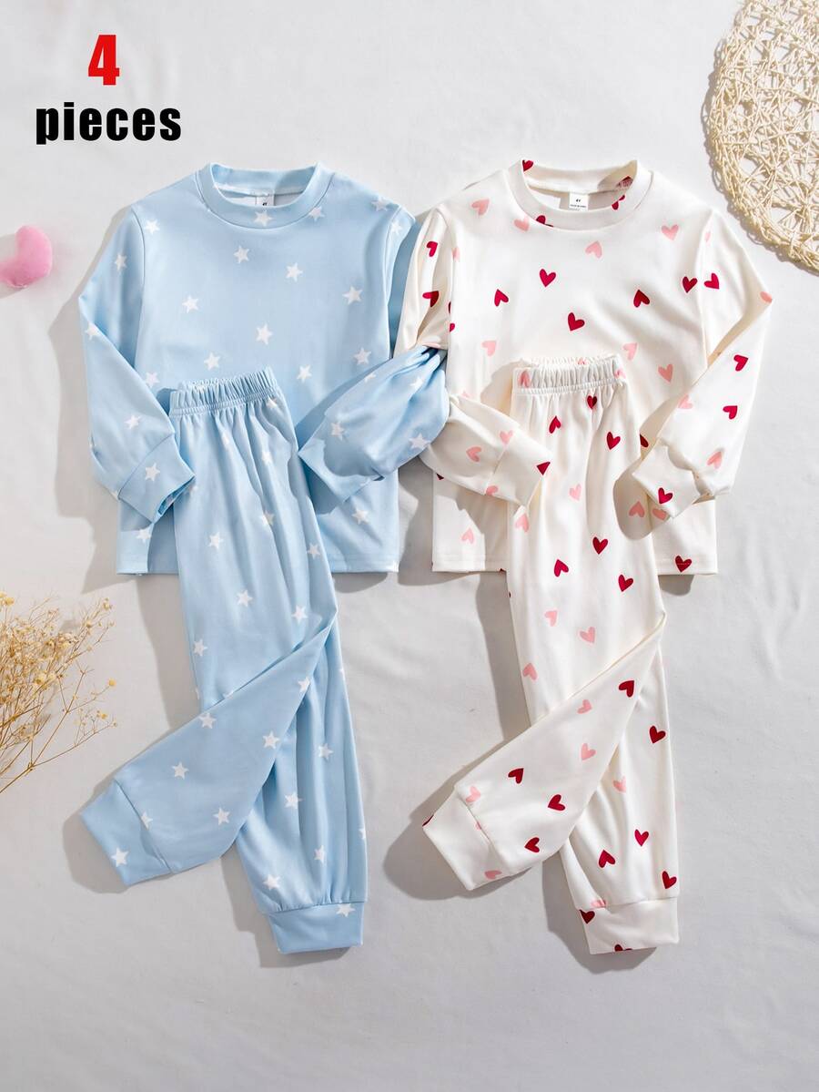 Bộ đồ ngủ bé gái chập chững 4 món ôm vừa vặn cho mùa thu/đông, cổ tròn tay dài và quần dài, họa tiết tim màu ngà và sao xanh nhạt, chất mềm mặc ngủ hàng ngày - Nhiều màu - Xem 1