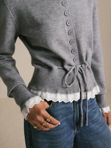 Poéselle Women's Heather Gray Soft Knit Cardigan, Button Front Crew Neck Drawstring Waist Long Sleeve Cozy Sweater, Coquette Fall Layering Top,French Elegant - Grey - View 4