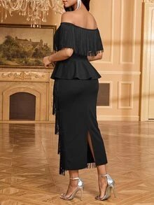 SHEIN Lady 女款時尚派對露肩流蘇上衣與裙子兩件套 - 黑色 - 查看 2